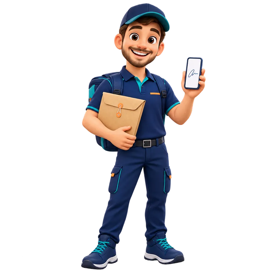 A TrustPost courier holding documents and a signing phone